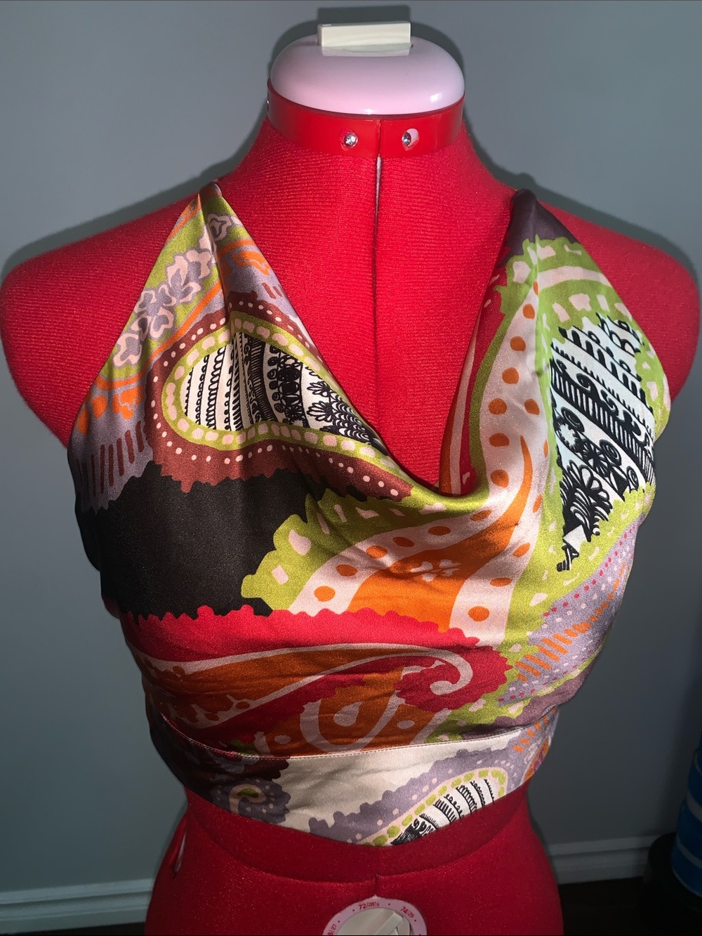 Marciano 100% Silk Multicolor Paisley Halter Top - Orange, Green, Black, Pink
